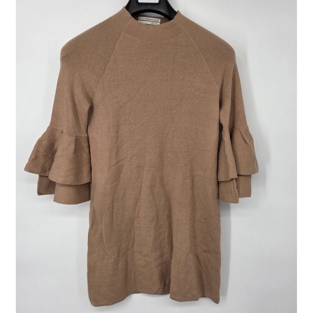 Anthropologie Gold Metallic Tan Claudette Ruffle Sleeve Sweater Dress Size Small